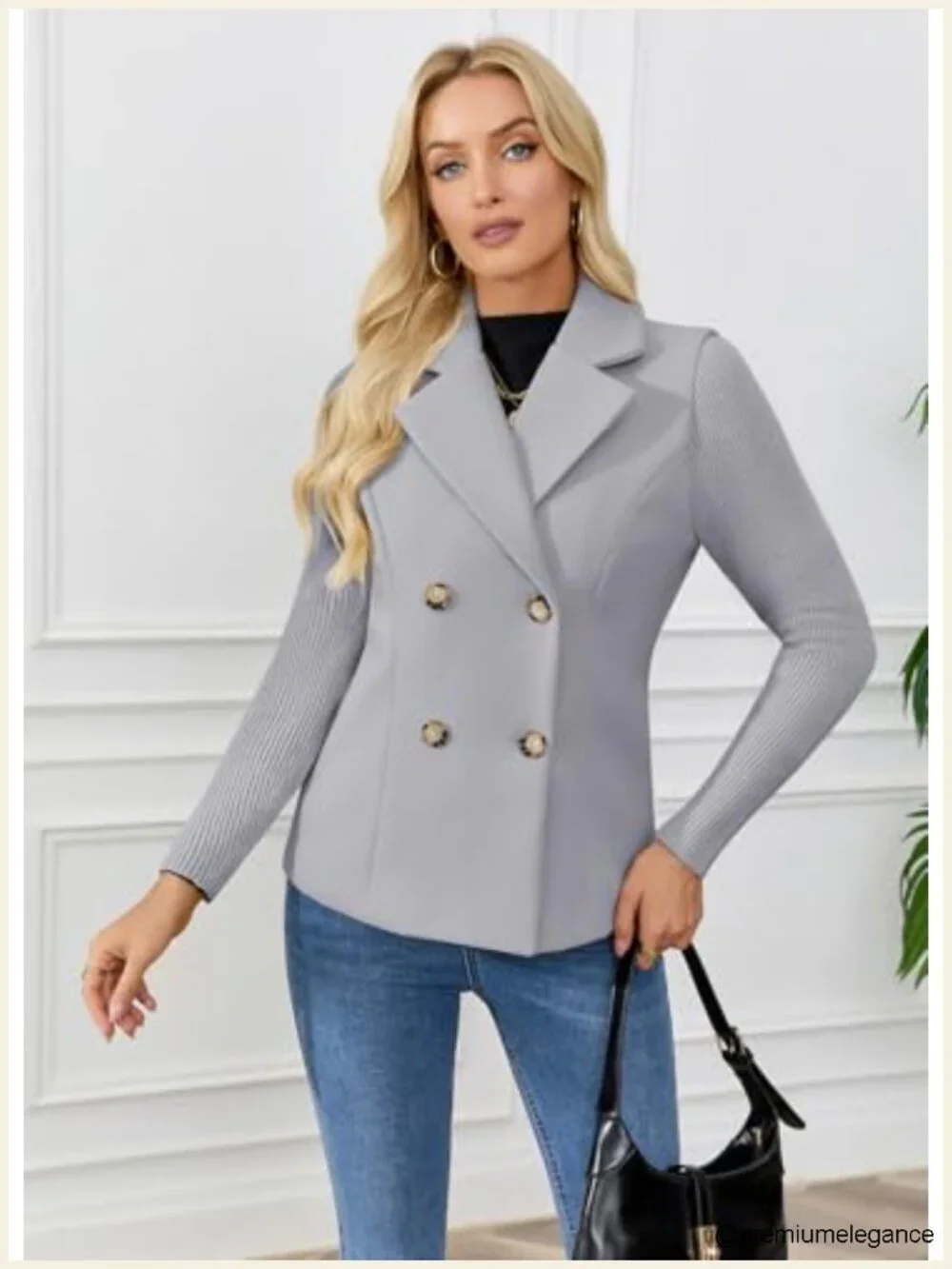 Women's Double Breasted Wool Pea Coat Notched Lapel Ribbed Knit Long Sleeve